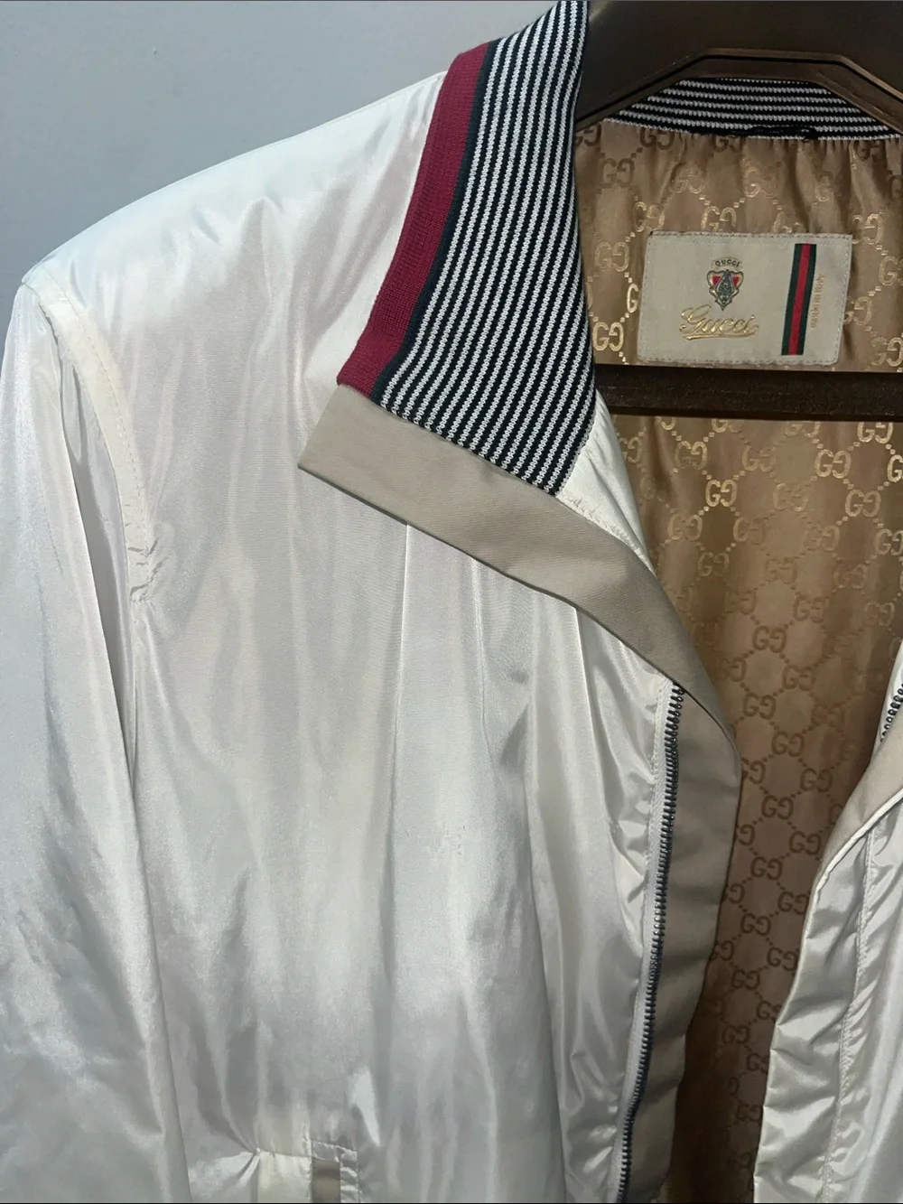 Gucci White Bomber Jacket with Navy-Striped and Red Trim
